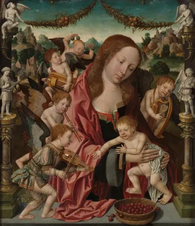 Virgin and child with angel musicians