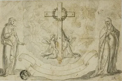 Virgin Mary and St. John the Evangelist Beholding a Vision of the Cross Held by Two Angels