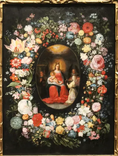 Virgin Mary with angels in a flower garland