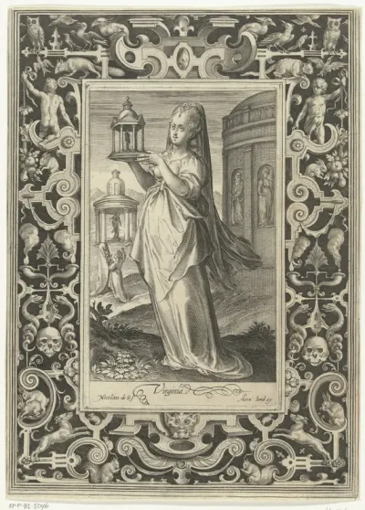 Virginia met model van kleine tempel