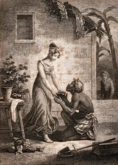 Virginie giving a bowl of food to a starving black slave woman who has fled from her master