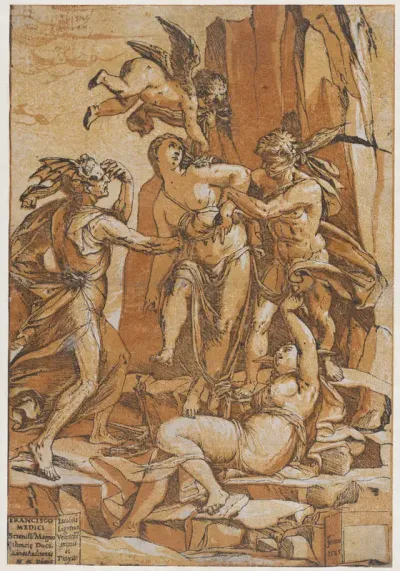 Virtue as a young woman in the centre of four figures representing love, error, ignorance and opinion