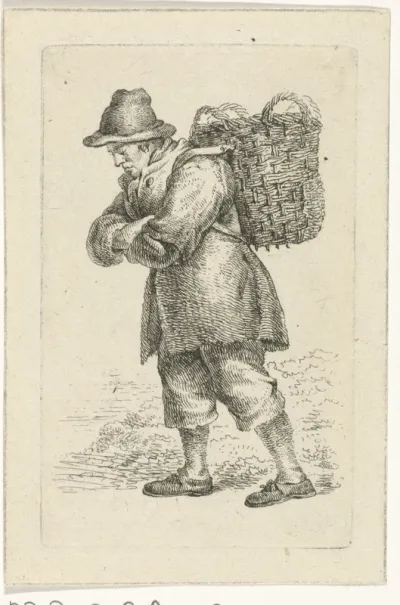 Visboer, met mand op de rug