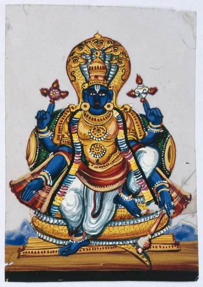 Vishnu: a major Hindu deity, the preserver of the universe, with four arms, holding a conch, mace and discus