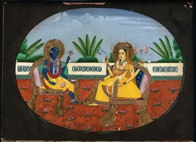 Vishnu and Lakshmi (?) seated on golden thrones, across each other