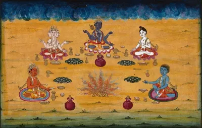 Vishnu, Brahman and three other deities perform a yagna, a fire sacrifice, an old vedic ritual where offerings are made to the god of fire, Agni