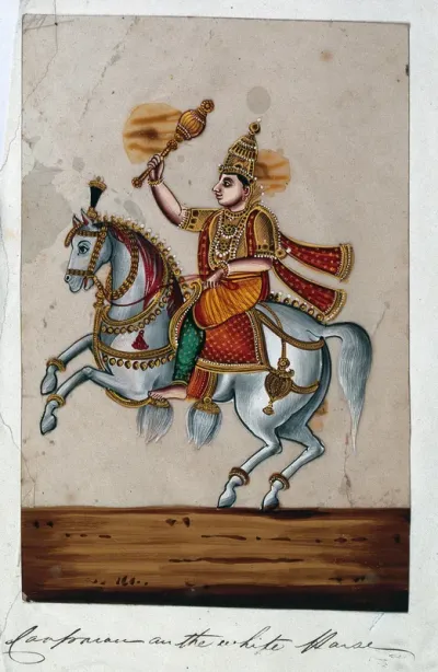 Vishnu (?) in his avatar as Kalki, riding a white horse and holding a mace