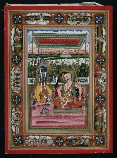 Vishnu in his avatar as Krishna, about to kill Kangsa, the king of the Bhojas
