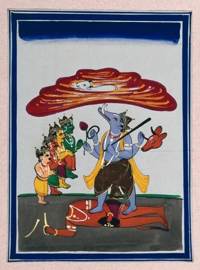 Vishnu in his avatar as Varaha slaying the demon Hiryanyaksa to save the earth