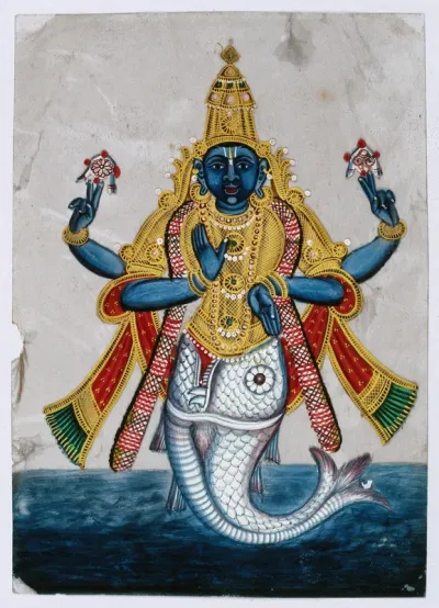 Vishnu in his incarnation as Matsya (fish) to save the sacred books