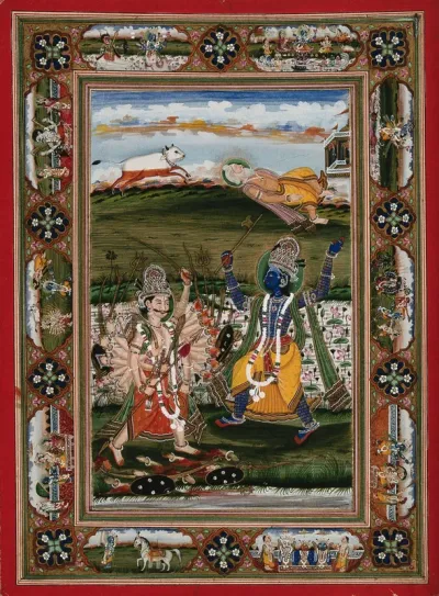 Vishnu in his incarnation as Parasurama, a Brahman (priest) in battle with Kartavirya, a Kshatriya king, to prove the supremacy of Brahmans over Kshatriyas (kings and warriors)
