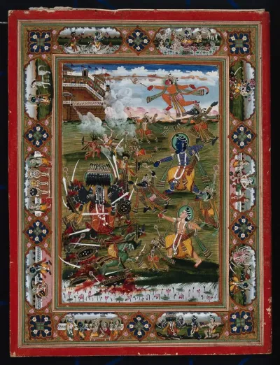 Vishnu in his incarnation as Ramachandra (blue figure) in battle with Ravana, the demon king of Lanka together with his brother Laxshman and the monkey god Hanuman