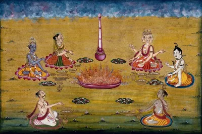Vishnu, Lakshmi (?), Brahman, Shiva and two priests perform a yagna, a fire sacrifice, an old vedic ritual where offerings are made to the god of fire, Agni