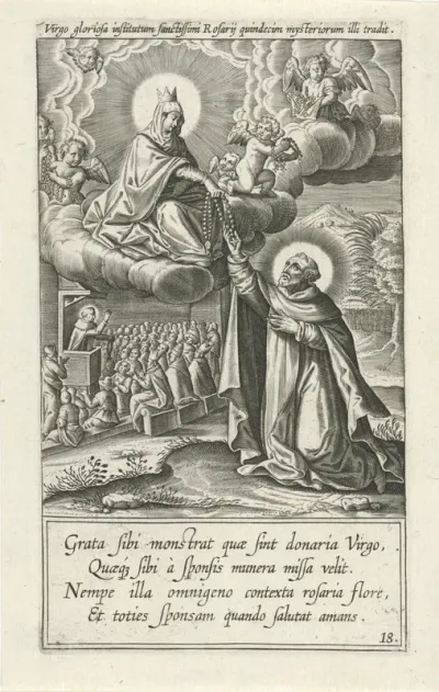 Visioen van de maagd Maria die de heilige Dominicus een rozenkrans overhandigt