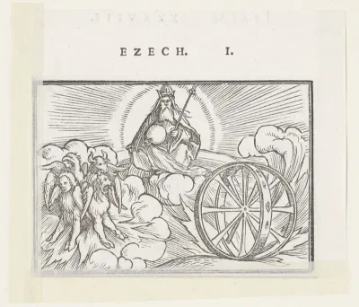 Visioen van Ezechiël met God en symbolen van vier evangelisten