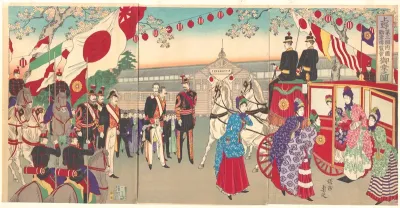 Visit of the Empress to the Third National Industrial Promotional Exhibition at Ueno Park (Ueno dai sankai naikoku kangyō hakuran kai gyokō no zu)