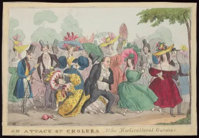 Visitors to the gardens of the Horticultural Society of London in Chiswick, among whom is a man who rushes off believing he has an attack of the cholera