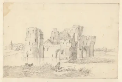 Visser bij de ruïne van een kasteel
