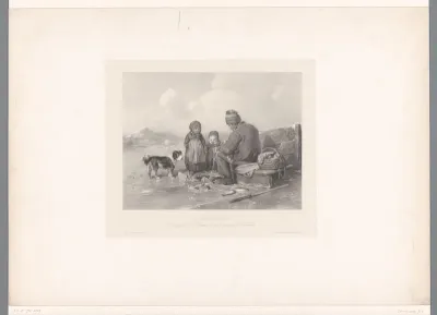 Visser met twee kinderen en een hond op het ijs