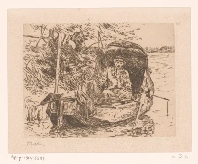 Visser onder een kap in een roeiboot