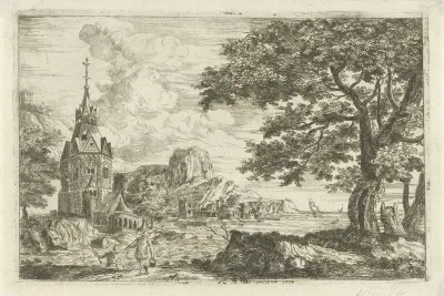 Vissers bij een kerk aan een kust