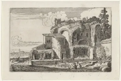 Vissers bij een Romaanse ruïne in een landschap