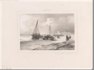 Vissers en bomschuiten op het strand