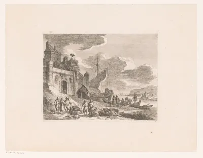 Vissers en een zeilboot bij een stadspoort aan de Seine