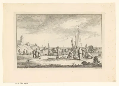 Vissers en vissersboten op het strand bij Scheveningen