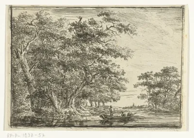 Vissers in bootje aan bosrijke oever