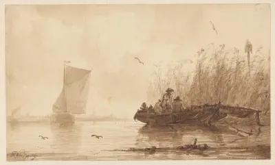 Vissers in een bootje bij een rietkraag
