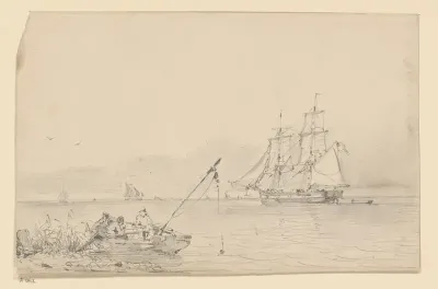 Vissers in roeibootje, in de verte zeilschepen