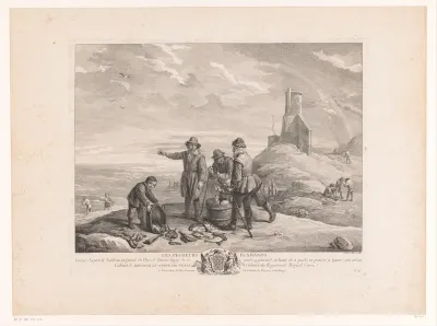 Vissers met vangst aan de kust