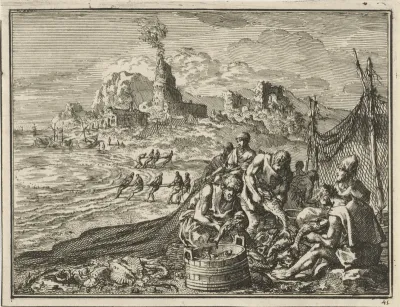 Vissers op het strand zoeken het goede en het kwade uit hun netten