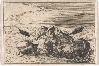Vissers op zee vangen een schildpad