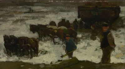 Vissers trekken hun boot op het strand; sneeuweffect