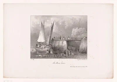 Vissersboot aan de kade bij eb