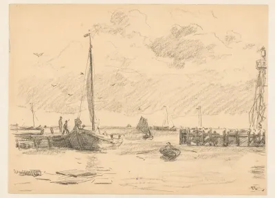 Vissersboot en roeiboot bij de haveningang met rechts een vuurtoren