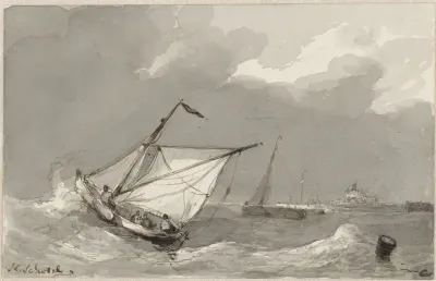 Vissersboot op een woelige zee, met in het verschiet een dorp