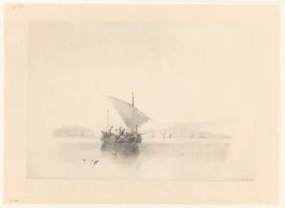 Vissersbootje voor de kust op kalme zee