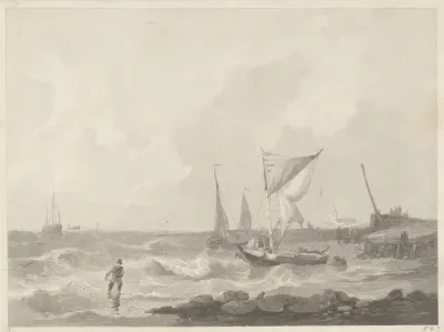 Vissersboten bij een havenhoofd