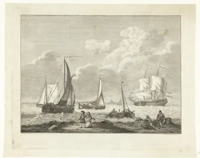 Vissersboten op zee en wandelaars aan de kust