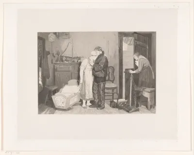 Vissersinterieur met treurend koppel bij een lege wieg
