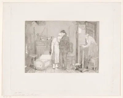 Vissersinterieur met treurend koppel bij een lege wieg