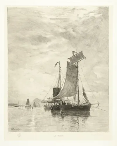 Vissersschepen liggen voor anker bij opkomende zon