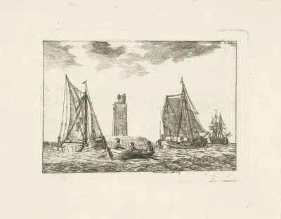 Vissersschepen op het IJ bij vuurtoren