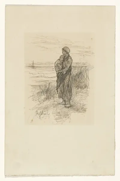 Vissersvrouw met kind op de arm aan het strand