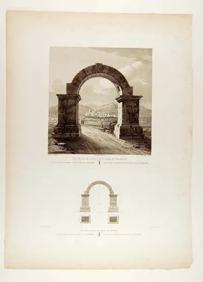 Vista del arco de triunfo y de la ciudad de Cabanes [Material gráfico] =Vue de l'arc de triomphe et de la ville de Cabanes=View of the triumphal Arch and the city of Cabanes