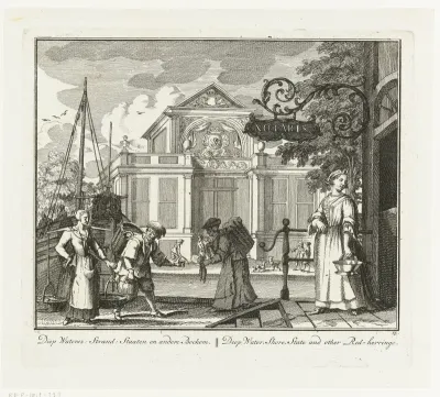 Visverkopers voor het huis van een notaris