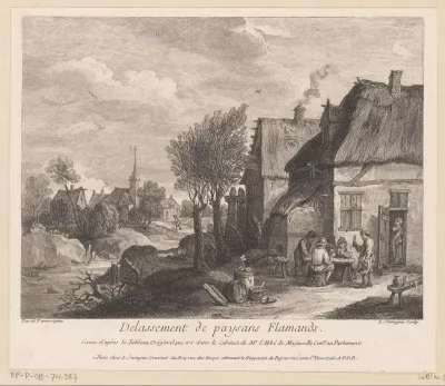 Vlaams dorpsgezicht met boeren die een kaartspel spelen